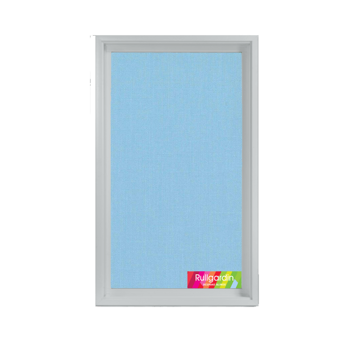 Blue roller blind in white window frame