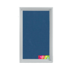 Blue roller blind in white window frame.