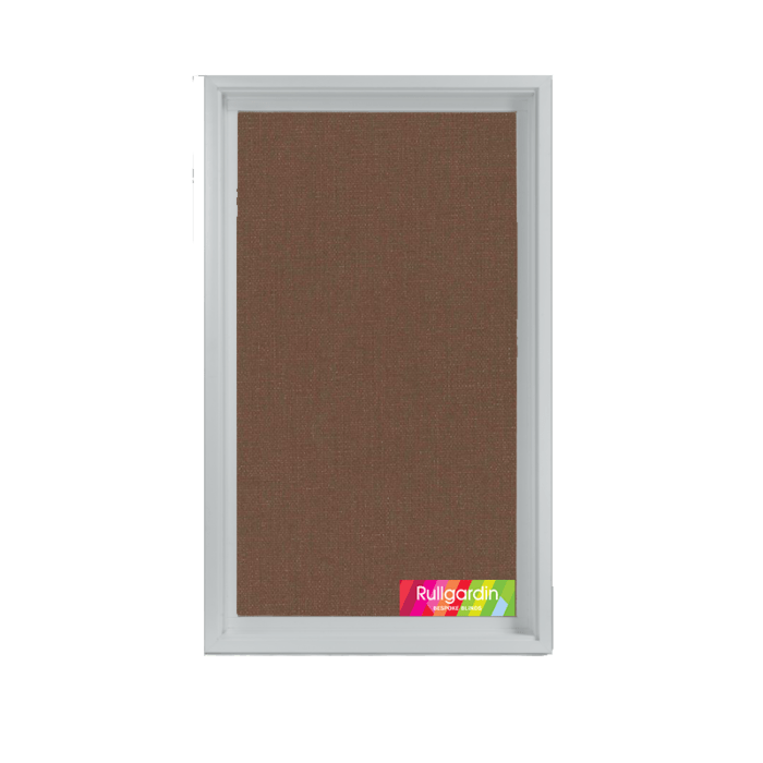 Brown fabric roller blind in white frame isolated on green.