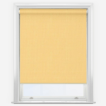 Yellow roller blind on white window frame.