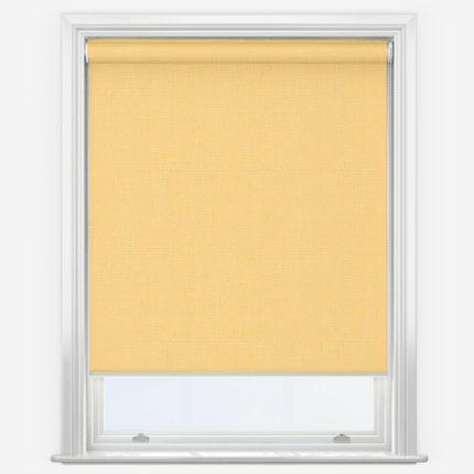 Yellow roller blind on white window frame.