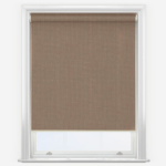 Brown roller blind on white window frame.