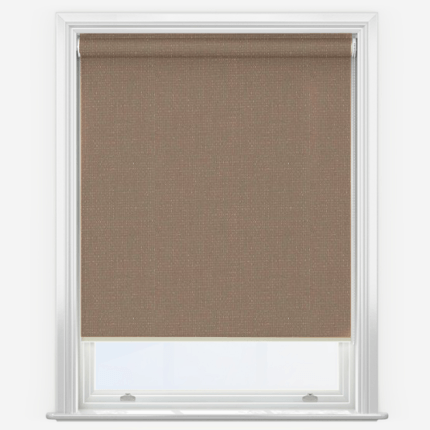 Brown roller blind on white window frame.