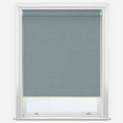 Grey roller blind on white window frame.