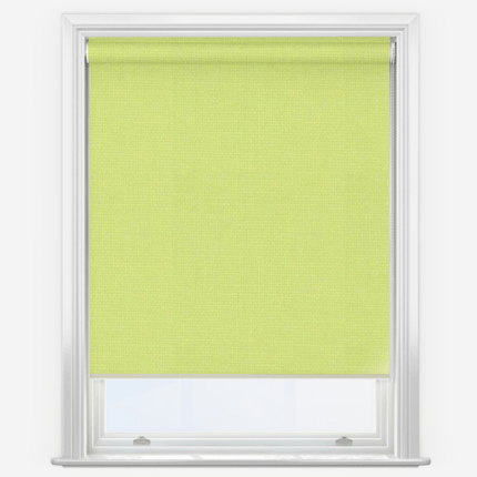 Green roller blind on white window frame.