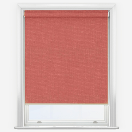 Red roller blind in white window frame.