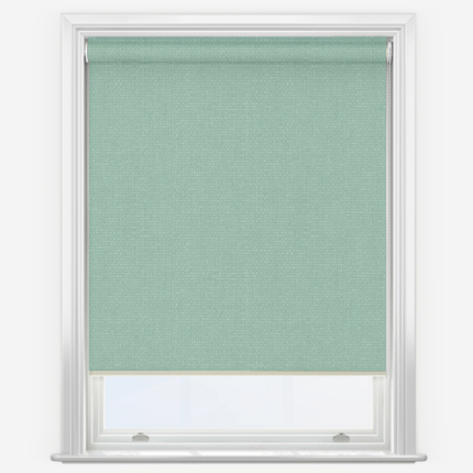 Green roller blind on white window frame.