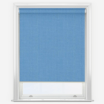 Blue roller blind on white window frame.