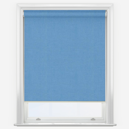 Blue roller blind on white window frame.