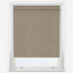 Beige fabric roller blind in a white window frame.
