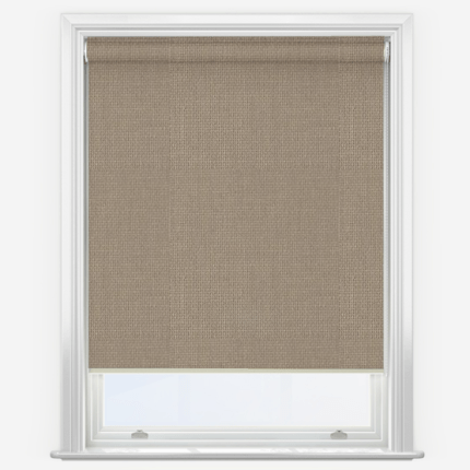 Beige fabric roller blind in a white window frame.