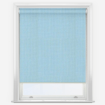 Light blue roller blind on a white window frame.