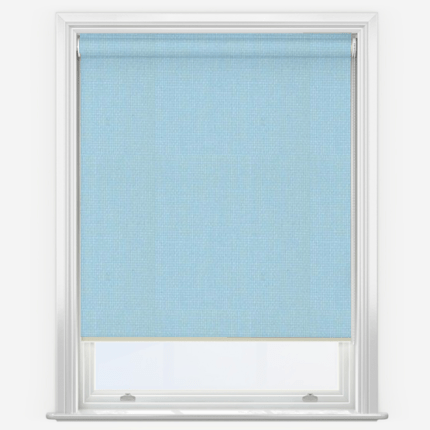 Light blue roller blind on a white window frame.