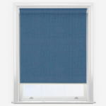 Blue roller blind installed in white window frame.
