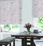 Elegant dining room with floral blinds and pink tulips.
