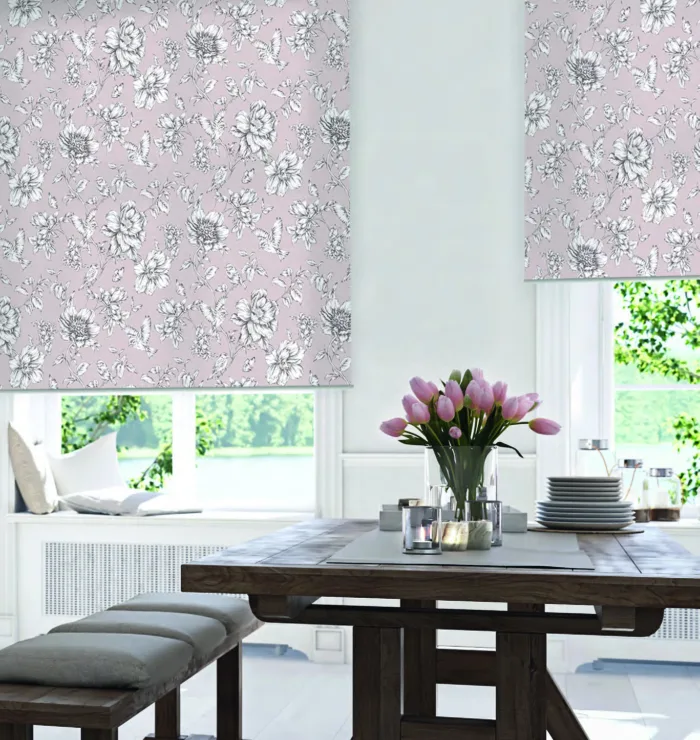 Elegant dining room with floral blinds and pink tulips.