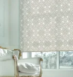 Elegant patterned window blind in bright, classic room.