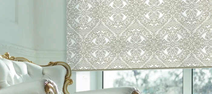 Elegant damask pattern roller blind in luxurious room.