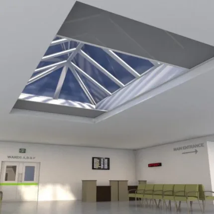 Modern hospital waiting area with skylight and seating.