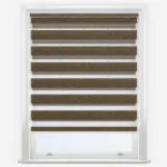 Modern zebra blind in window, alternating brown and white.