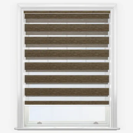 Modern zebra blind in window, alternating brown and white.