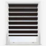 White window frame with dark brown venetian blinds