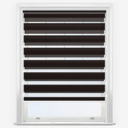 White window frame with dark brown venetian blinds