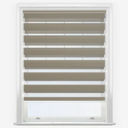 Modern beige window blinds in white frame.