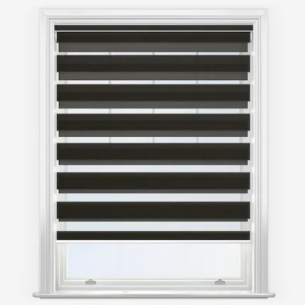 Modern zebra blind in a white window frame.
