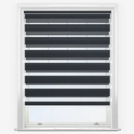 Modern white window with black zebra blinds.