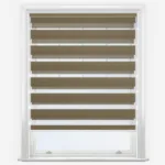 Modern brown zebra blinds in white window frame