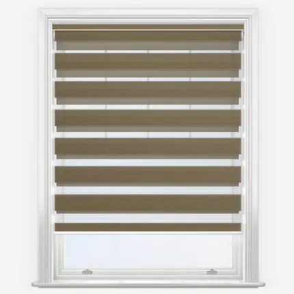 Modern brown zebra blinds in white window frame