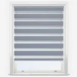 Modern grey zebra blinds in a white window frame.