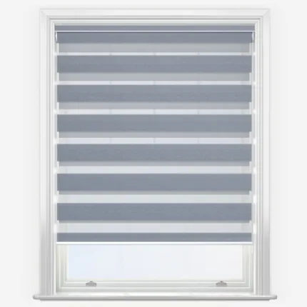Modern grey zebra blinds in a white window frame.