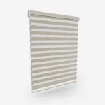 Beige striped roller blind on white background.