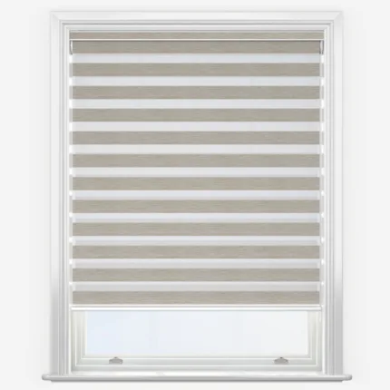 Modern grey striped window blind in white frame