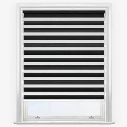 Modern black blinds in a white framed window.