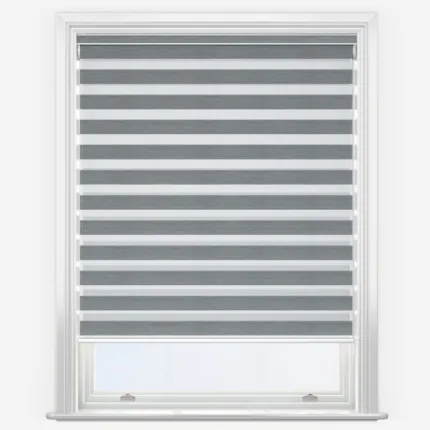 Grey zebra blinds in white window frame.