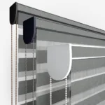 Close-up of modern striped roller blinds with controls.