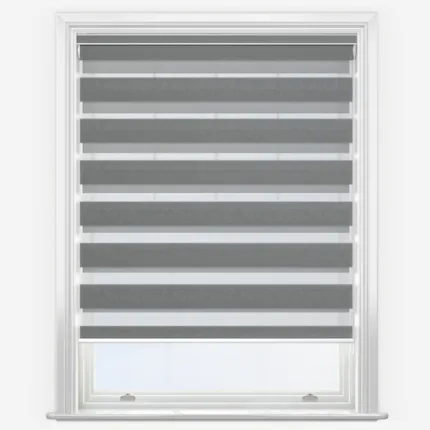 Modern grey zebra blinds on white window frame