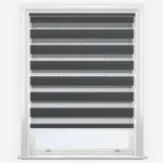 White window frame with horizontal grey blinds.