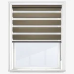 Striped brown and white fabric window blind in frame.