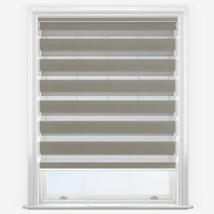 Modern grey zebra blind in white window frame