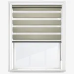 Striped roller blind on white window frame.
