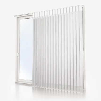 White vertical blinds covering glass door