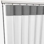 Grey and white vertical blinds on rail