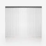 Minimalist white vertical blinds in curve formation.