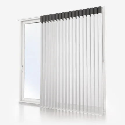 Vertical blinds covering window on white background.