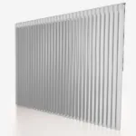 Large silver vertical blinds against white background.