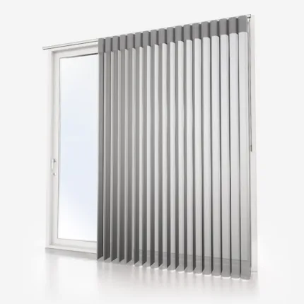 Modern vertical blinds shading a white framed window.